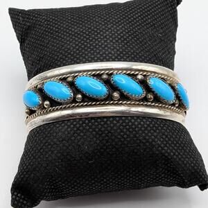 James Shay JS Signed Navajo Sterling Silver Turquoise Cuff Bracelet 6.75" 23.32g